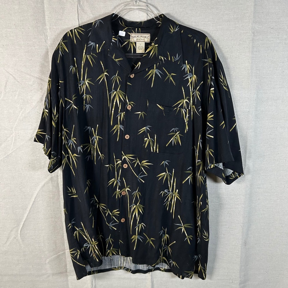 Boca Classics Mens L Black 100% Silk Bamboo Print Short Sleeve Shirt Hawaiian